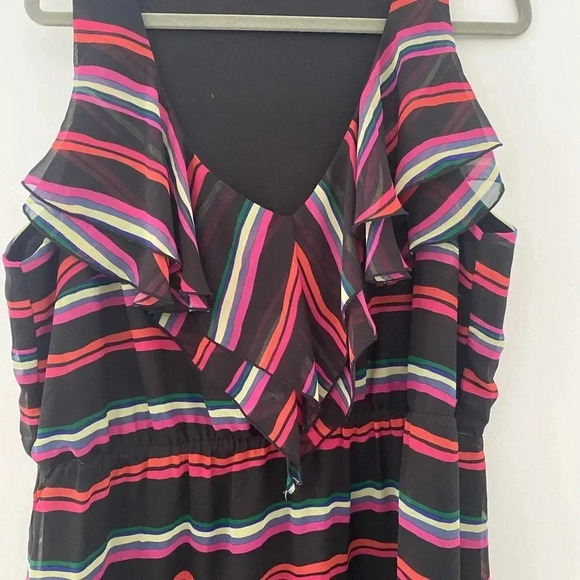 Milano Women's Sz 12 Black Maxi Dress with Pink Stripes V-Neck Lined L113 - Picture 2 of 4